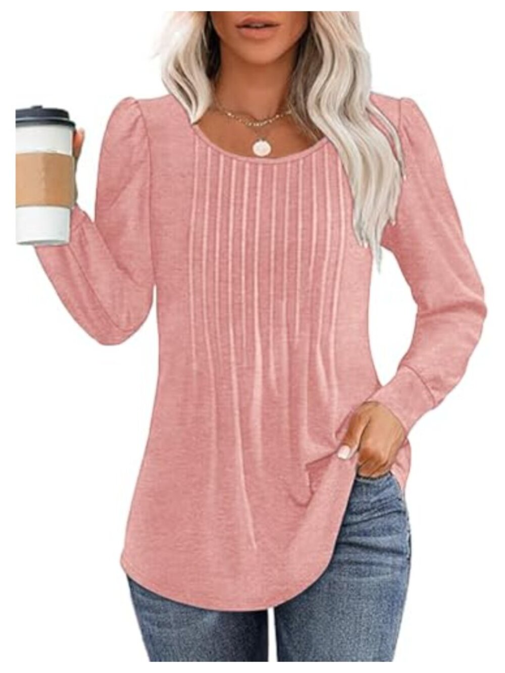 Puff Sleeve Pleated Tunic Blouse Rayon Spandex Dressy Casual